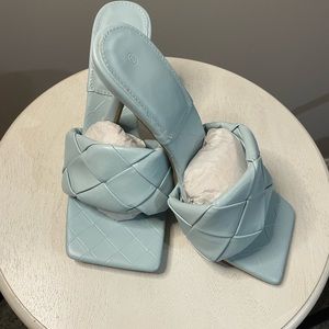 Women's Square Open Toe Heeled Woven Leather Mule Sandals.